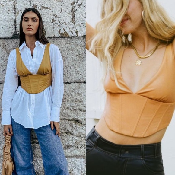 Zara Tops - ZARA | camel Faux Leather Corset Top size Medium